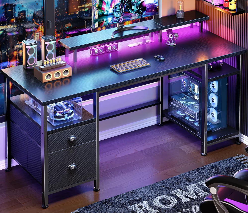 Furologee 51" Gaming Desk with Power Outlets & LED Lights, Reversibl...