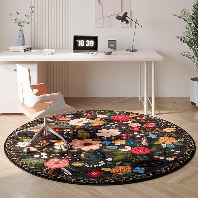 Rugcomf Round Rug 4ft Washable Circle Rug Non Slip Low Pile Boho Floral Small - Image 5