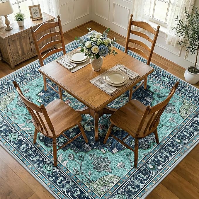 RELEANY Area Rugs Square 7ft Washable Non-Slip, Floral Vintage Distress Print by RELEANY