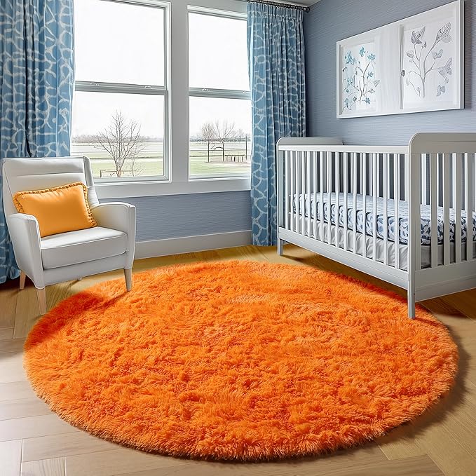 ONASAR Orange Round Rugs 5ft for Bedroom Living Room, Fluffy Circle Area Rug - Image 8