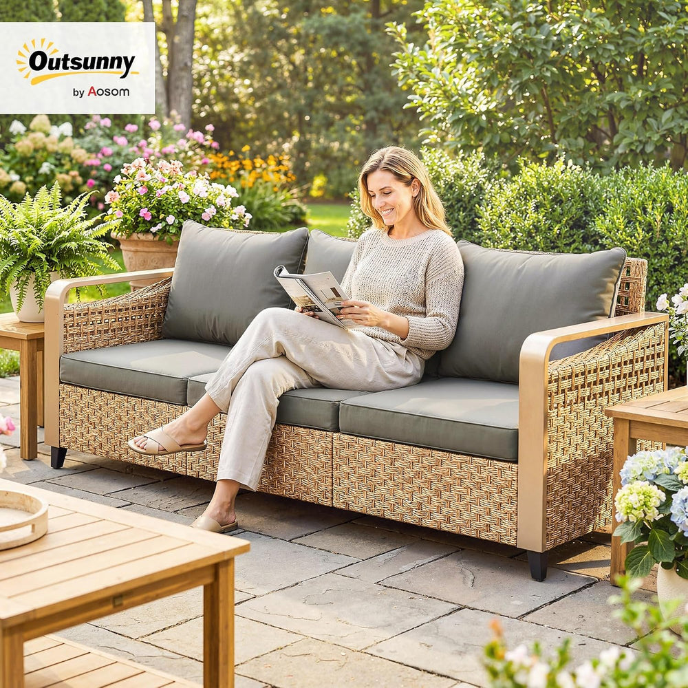 Outsunny Outdoor Patio Couch Wide Deep Seat 3 Seater Wicker Gray