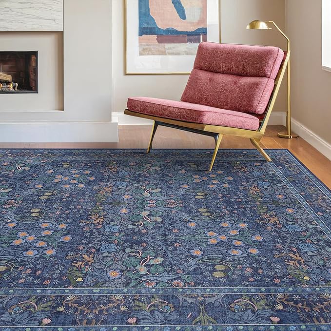 Washable Dark Blue Rug for Living Room by HazoHaus