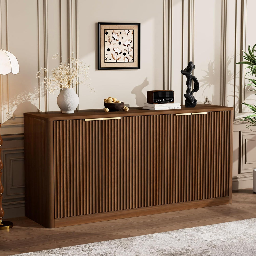 59" Walnut Fluted Sideboard Buffet Cabinet with Storage, Large Buffet Ca...