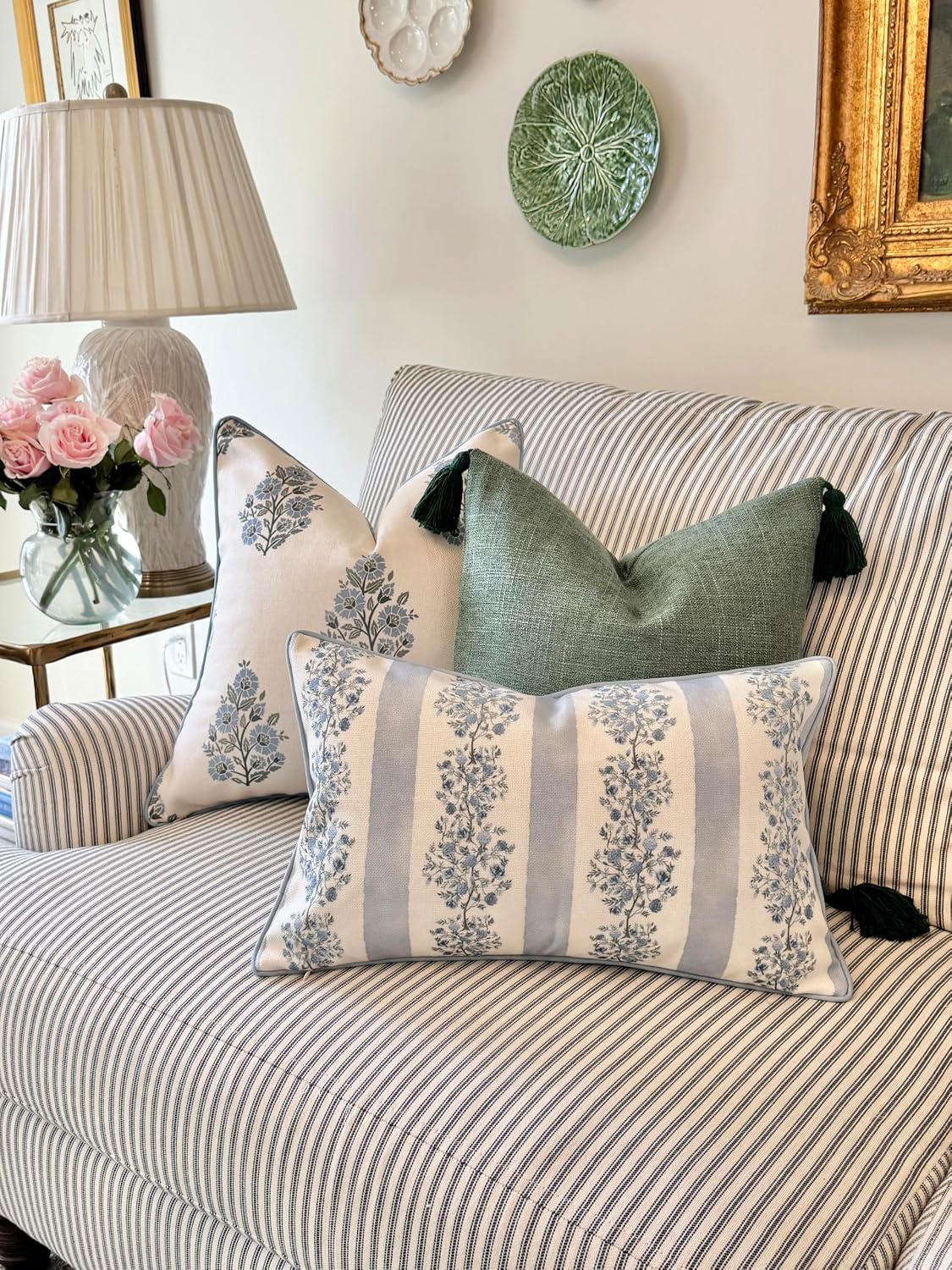 “The Juliet” Floral Block Print Pillow Cover – Soft Blue and Off-White Decorative Throw Pillow Cover – Grandmillennial Home Decor, 12"x20"