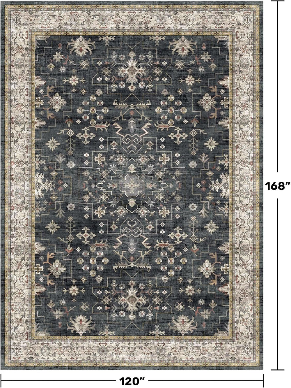 Boho Black Rug for Living Room - Washable 10x14 Area Rug, Dining Room Rugs fo...