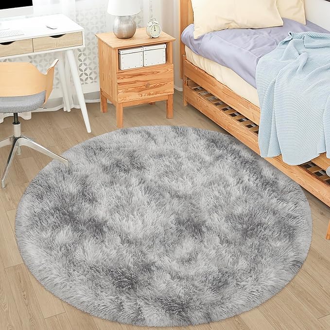 4x4 ft Tie Dye Grey Round Rug for Bedroom Room Fluffy Circle Rug Furry Carpet - Image 6
