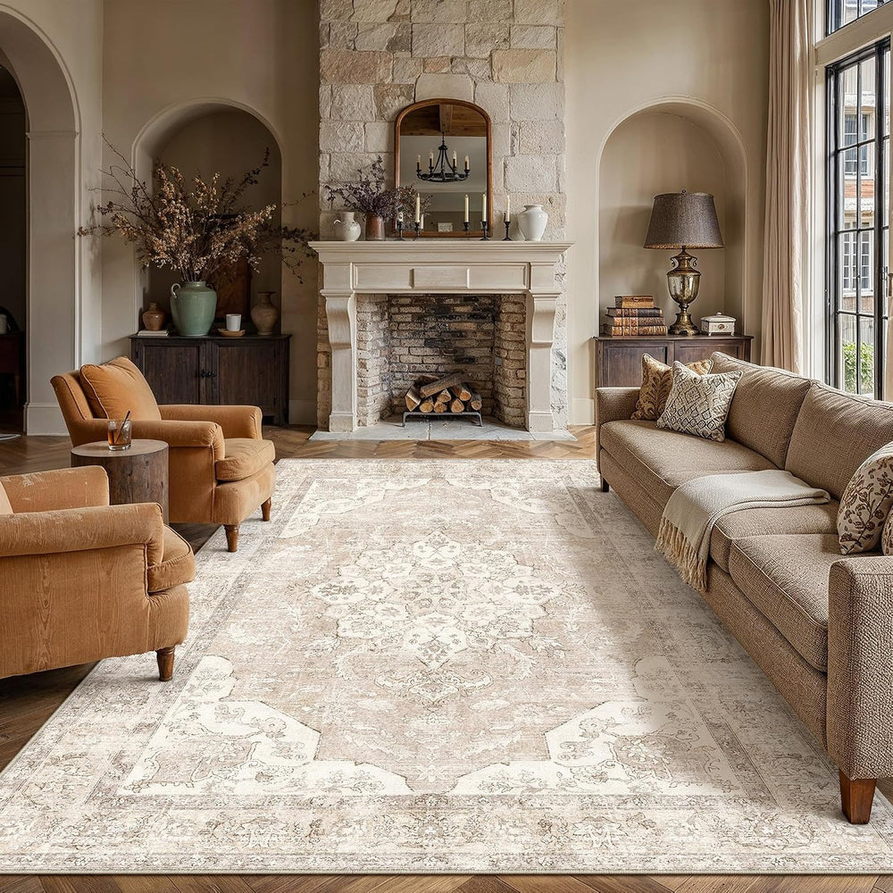 PureCozy Beige 8x10 Area Rug Washable Vintage Distressed Medallion