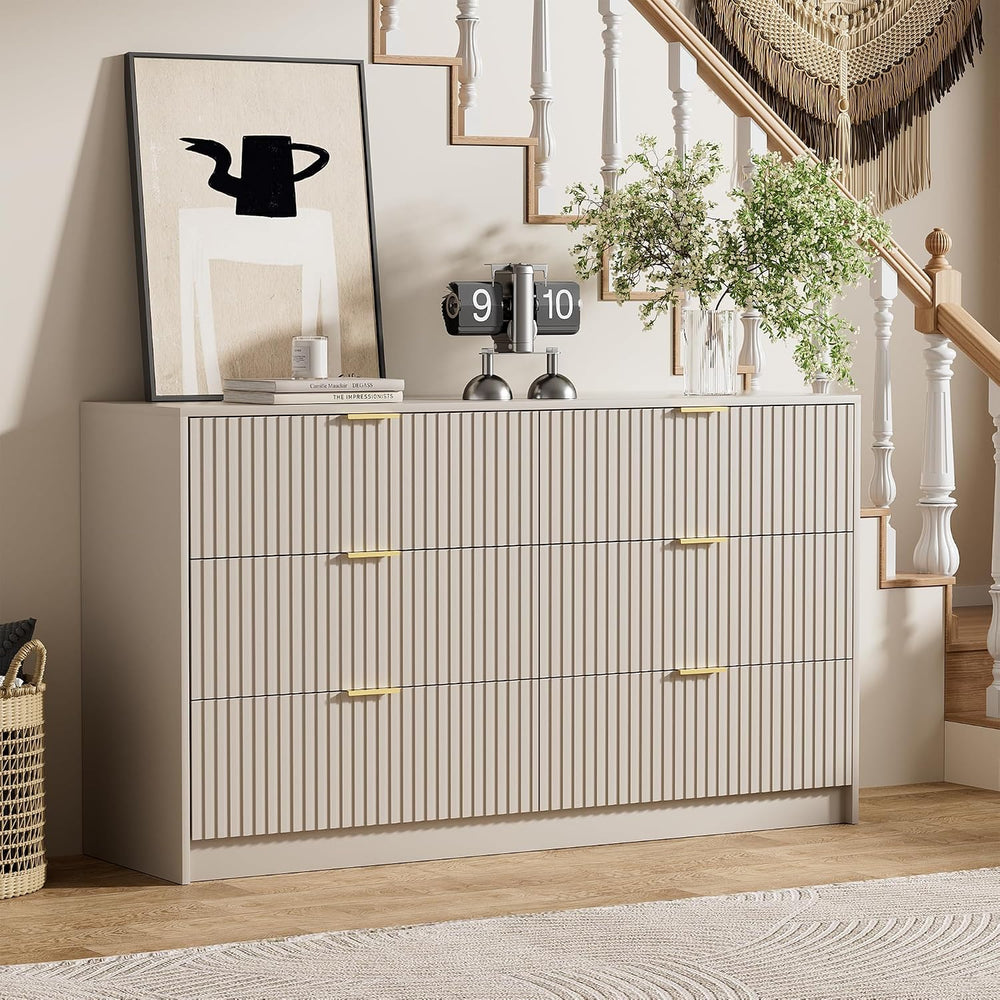 3 Piece Modern Bedroom Set, 6 Drawer Dresser with 2 Nightstands, Beige