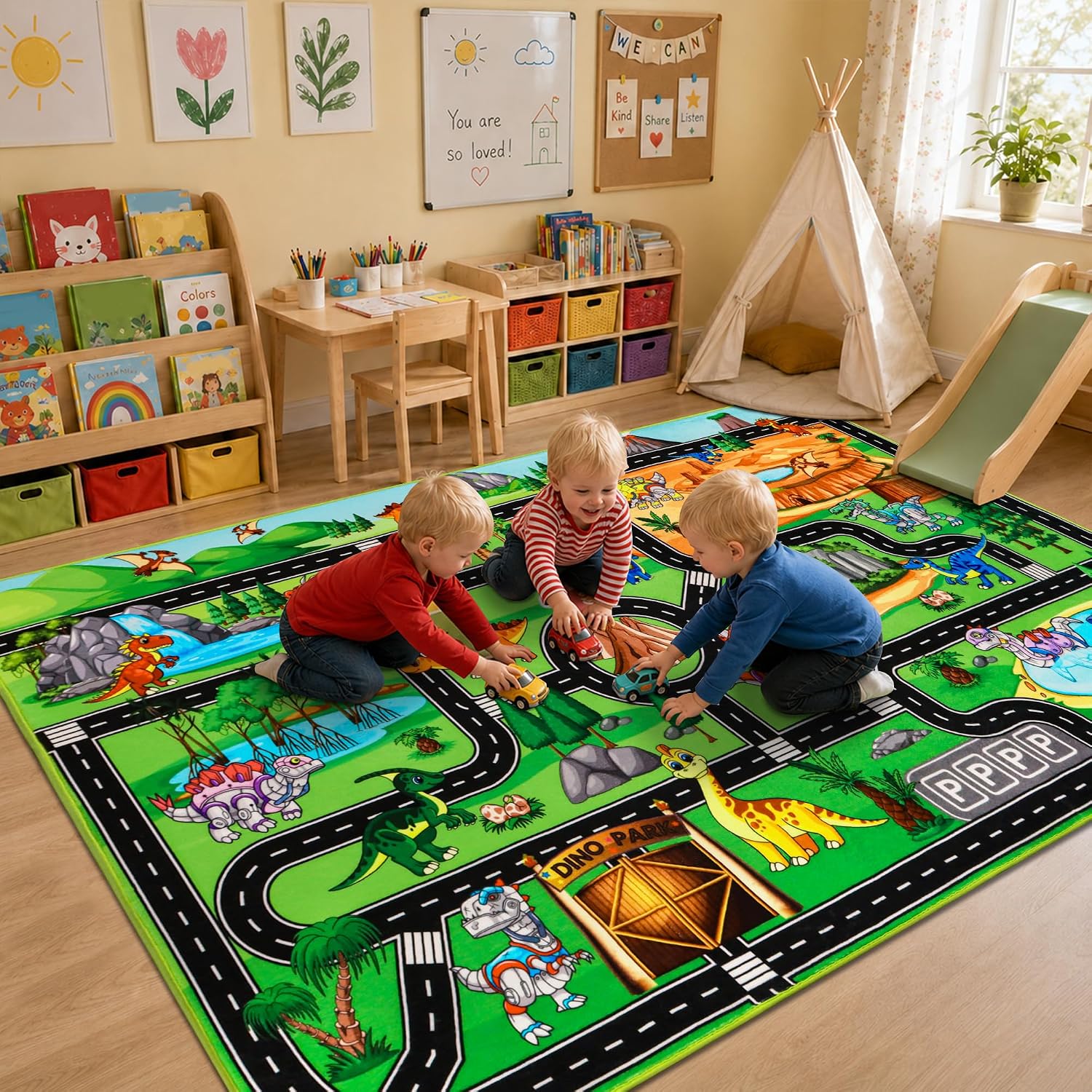 Kids Dinosaur Rug for Playroom 59" x 39.4", Dino Road Play Mat with Car Tracks, Educational Toddler Play Rug for Boys Bedroom, Robot Dinosaur Park Carpet for Toy Cars, Nursery, Classroom