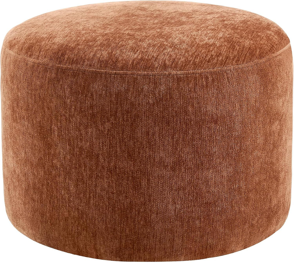 Upholstered Round Pouf Ottoman, Modern Footstool, Orange-Brown