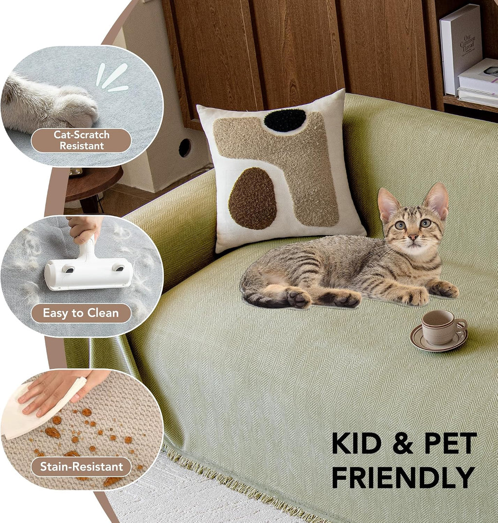 Couch Covers for Dogs 3 Cushion, Loveseat Slipcovers Washable, Pet L Shape Sectional Couch Protector, Boho Sofa Blanket Cover, Herringbone Chenille, Green, 91"x134"