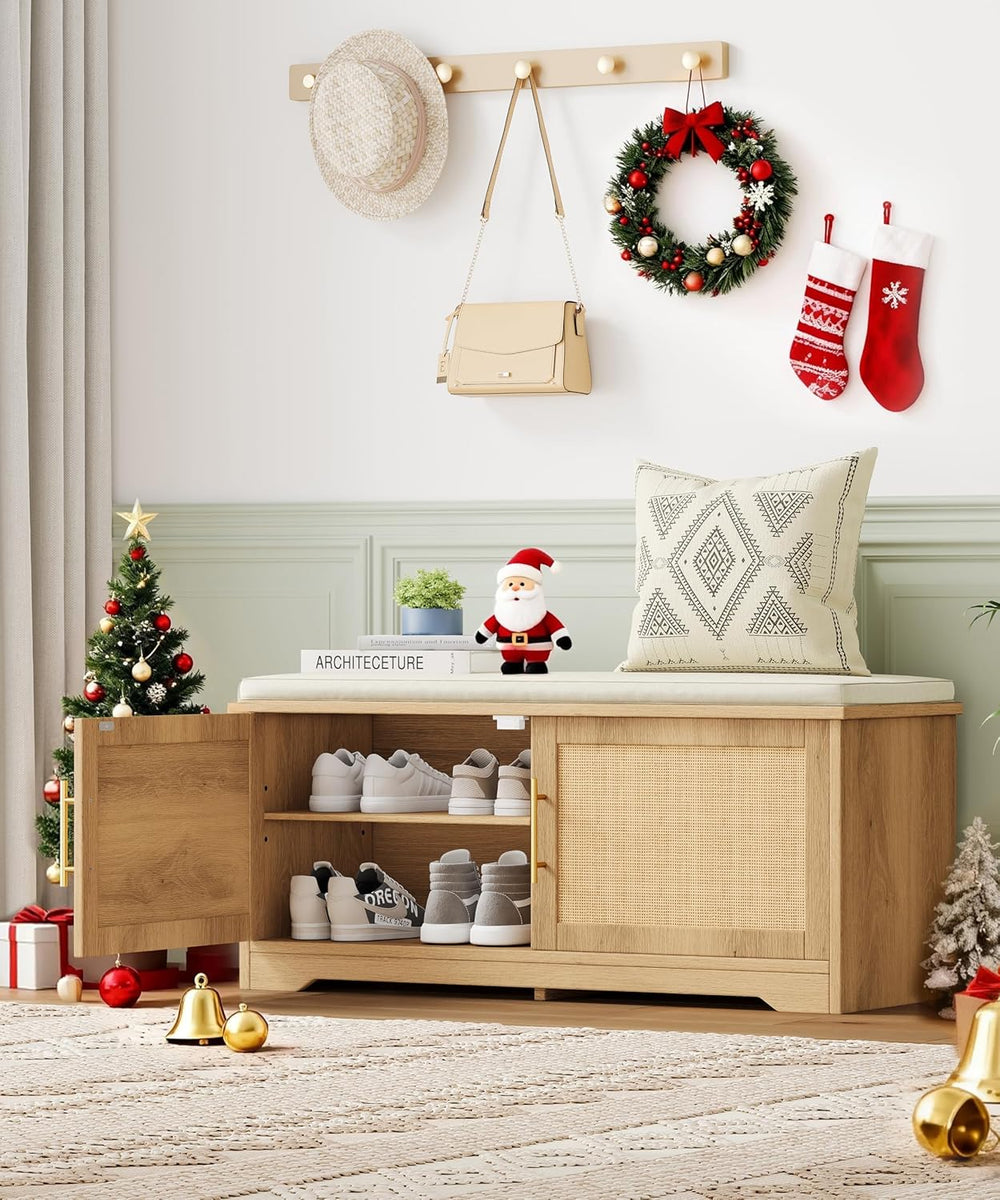 Rattan Shoe Storage Bench with Cushion, 39.4" Wide Entryway Bench with A...