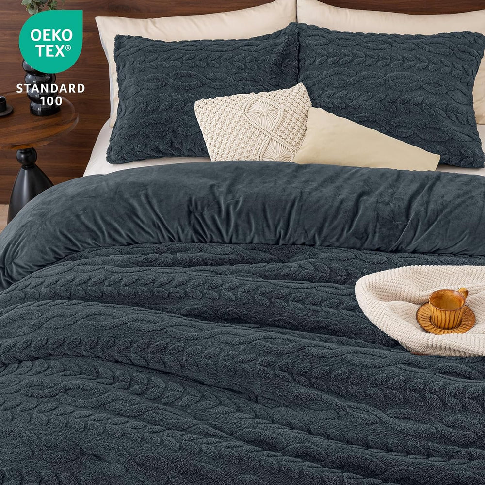 PHF Fluffy Sherpa Fleece Queen Comforter Set, 3 Pieces Warm Fuzzy Soft Beddin...