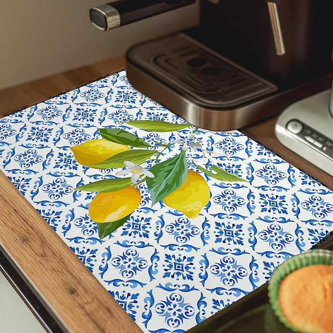 Blue and White Floral Lemon Dish Drying Mat, Mediterranean Tiles Coffee Bar Mat - Image 5