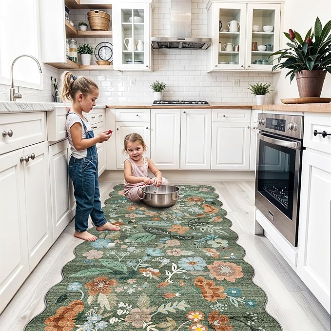 4x8 Washable Area Rug for Family: Stain Resistant Wide Floral Scalloped Kitchen