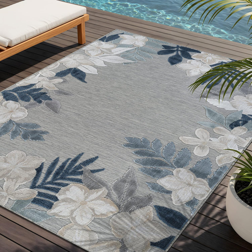 Outdoor Rug 6x9 Washable Area Rugs Indoor Outdoor Carpets Blue Border Floral ...