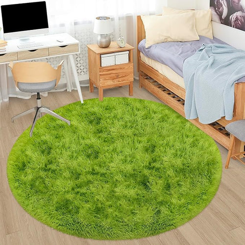 5x5 ft Tie Dye Green Round Rug for Bedroom Room Fluffy Circle Rug Furry Carpet by JiaoBaba