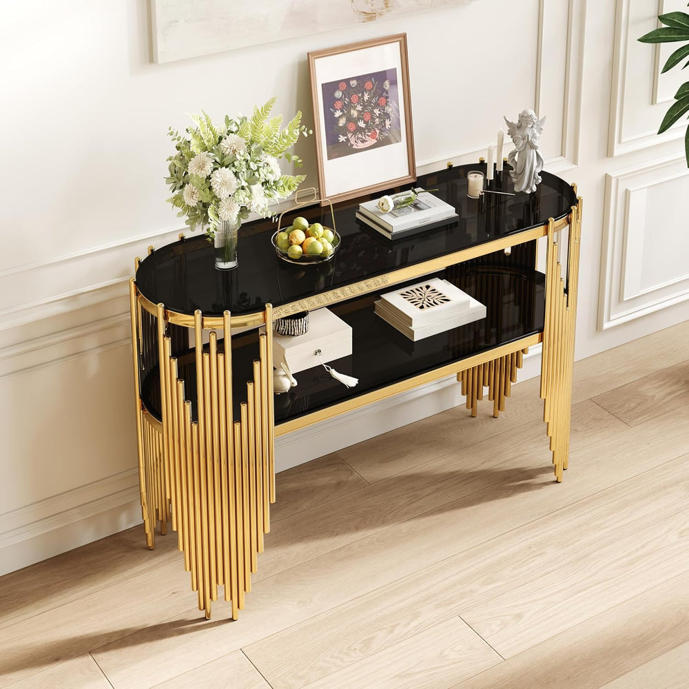 Modern Gold Glass Console Table with 2-Tier Shelves, Luxury Oval Entryway Tab...