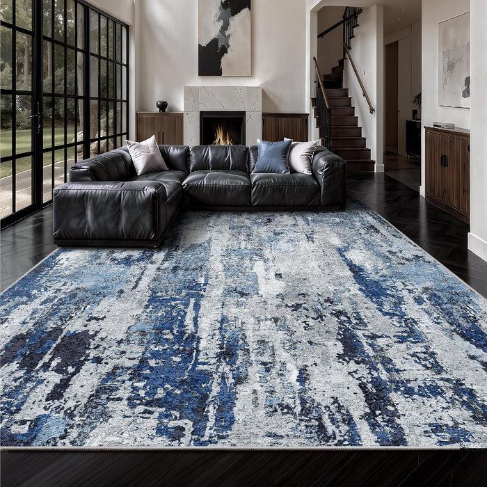 9x12 Area Rugs, Abstract Morden Soft Washable Rug, Non-Slip Low Pile Rugs for Living Room, Bedroom, Dining Room, Home, Office (Blue & White)