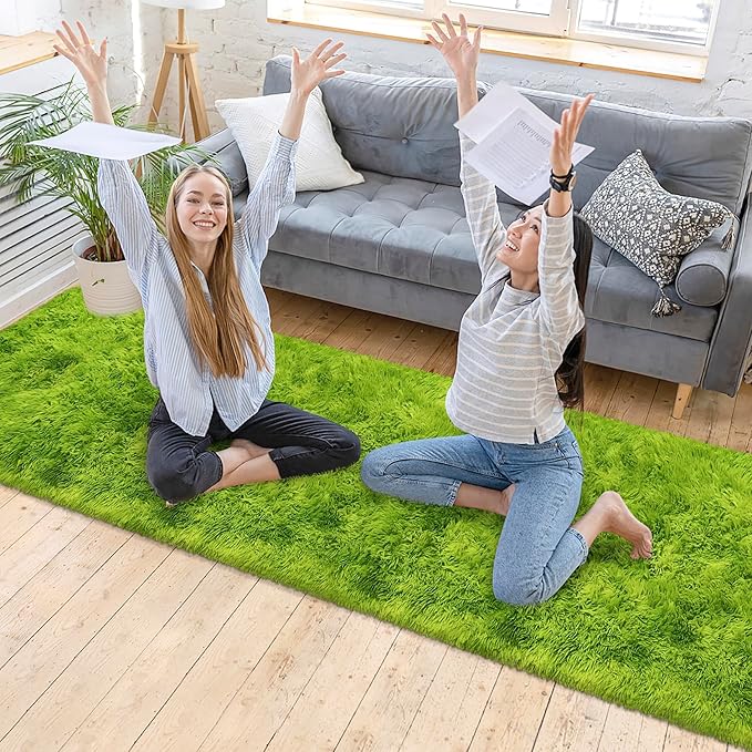 Tie-Dyed Runner Rug for Bedroom Green 2x10ft Fluffy Area Rug Bedside Runner Rug - Image 2