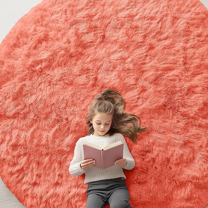 OLANLY Coral Red Round Rugs for Bedroom by OLANLY
