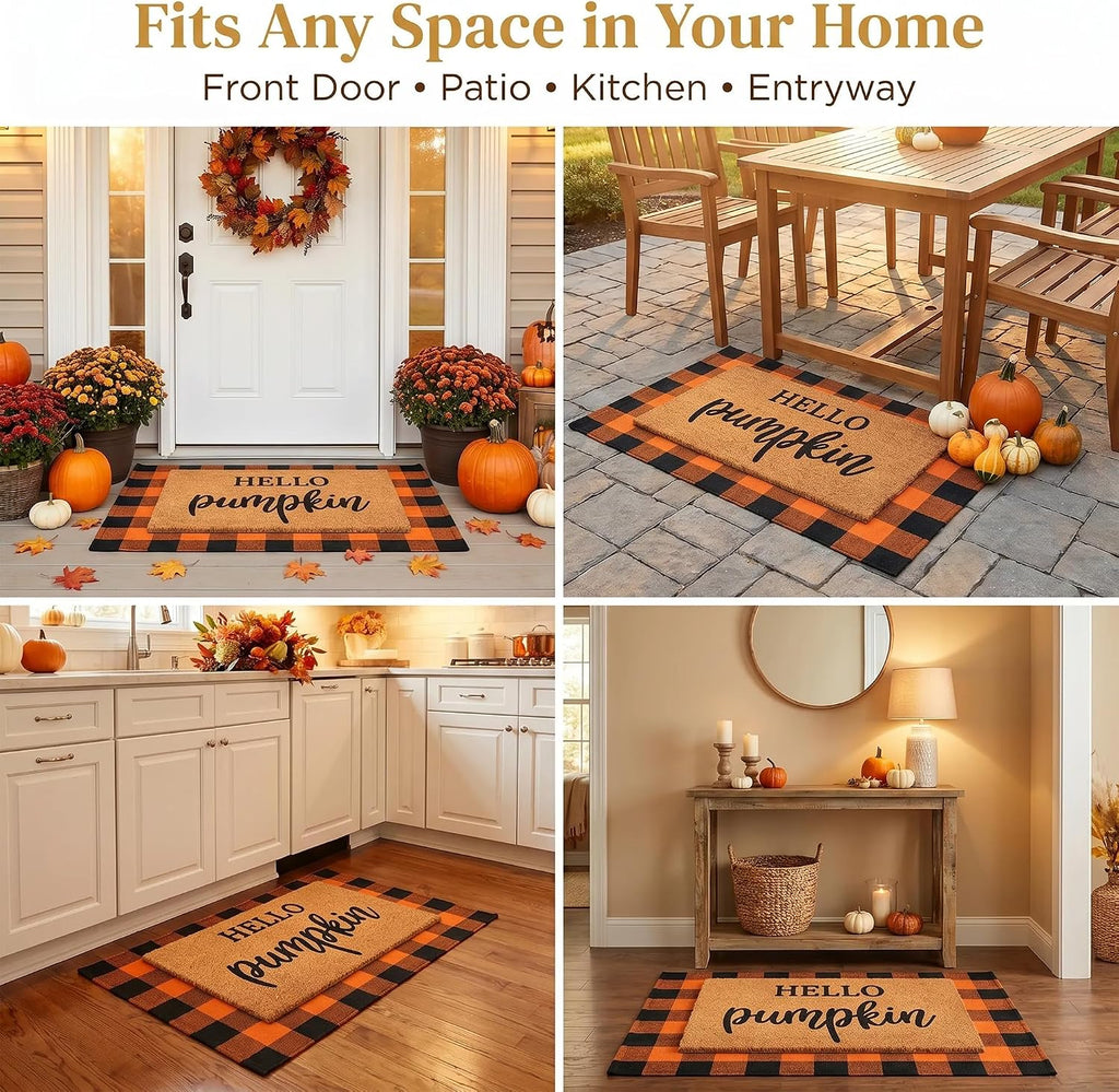 Fall Decor Door Mat Combo Set, 100% Coco Coir Welcome Mat + 28 x 43 Inches Orange and Black Plaid Rug- Fall Thanksgiving Front Porch Entryway Floor Doormat, Indoor Outdoor Autumn Mats Hello Pumpkin