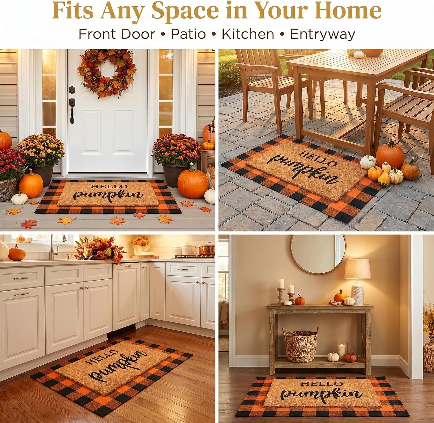 Fall Decor Door Mat Combo Set, 100% Coco Coir Welcome Mat + 28 x 43 Inches Orange and Black Plaid Rug- Fall Thanksgiving Front Porch Entryway Floor Doormat, Indoor Outdoor Autumn Mats Hello Pumpkin