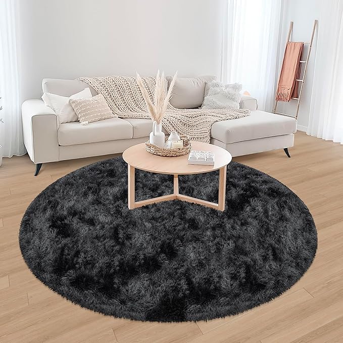 6x6 ft Tie Dye Black Round Rug for Bedroom Room Fluffy Circle Rug Furry Carpet - Image 3