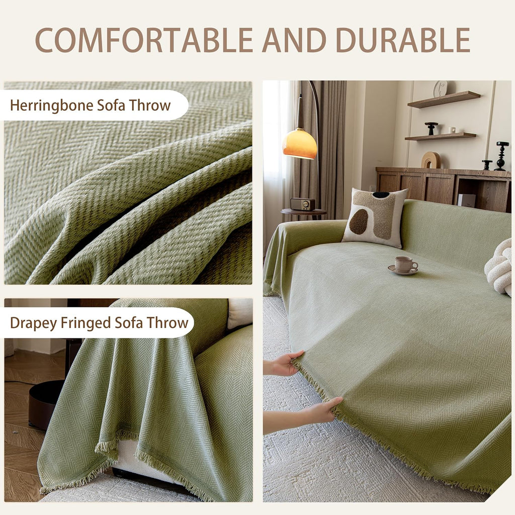 Couch Covers for Dogs 3 Cushion, Loveseat Slipcovers Washable, Pet L Shape Sectional Couch Protector, Boho Sofa Blanket Cover, Herringbone Chenille, Green, 91"x134"