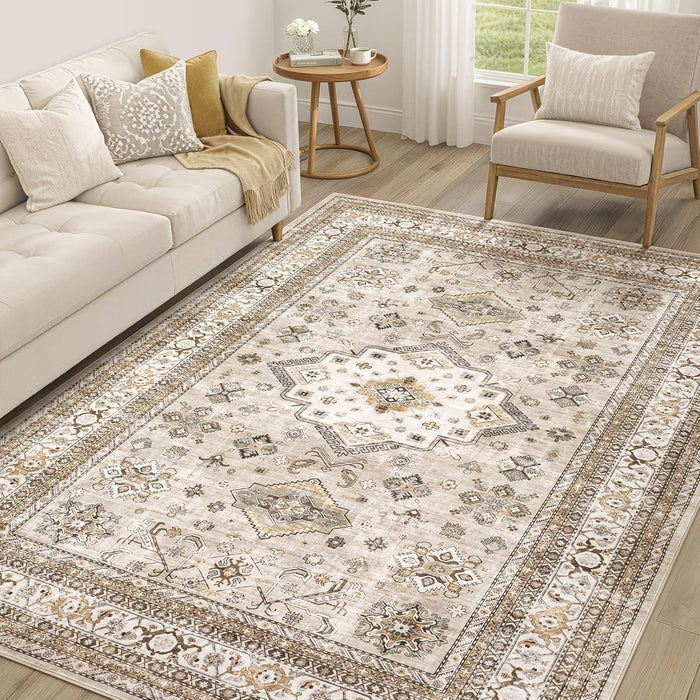 cotiled 5x7 Area Rug for Living Room, Washable, Traditional, Beige