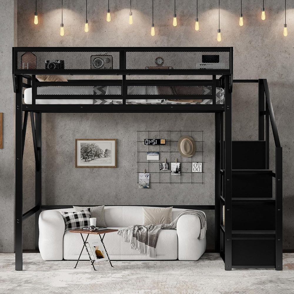 KEIKI Full Size Metal Loft Bed Frame with Convertible Staircase, Built-in Sto...