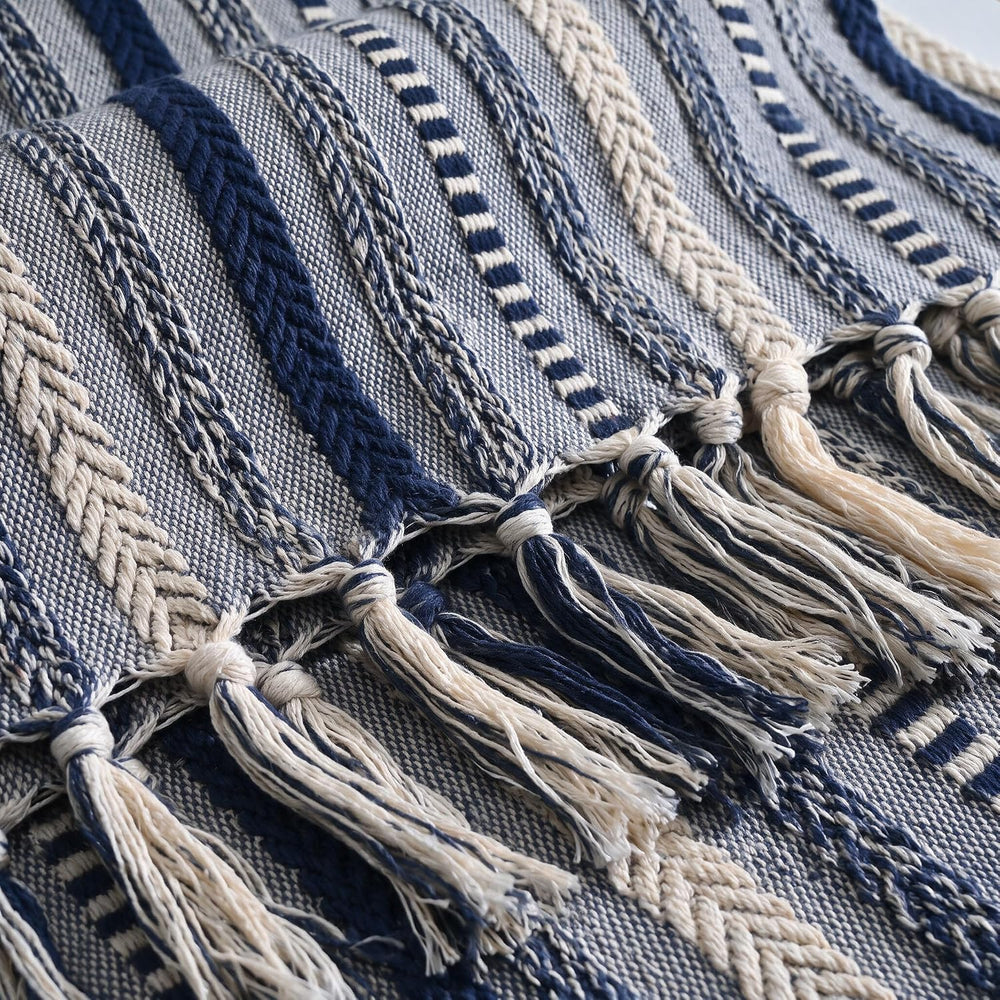 Horaldaily Braided Striped Decorative Throw Blanket, Navy Blue Soft Cozy Blan...