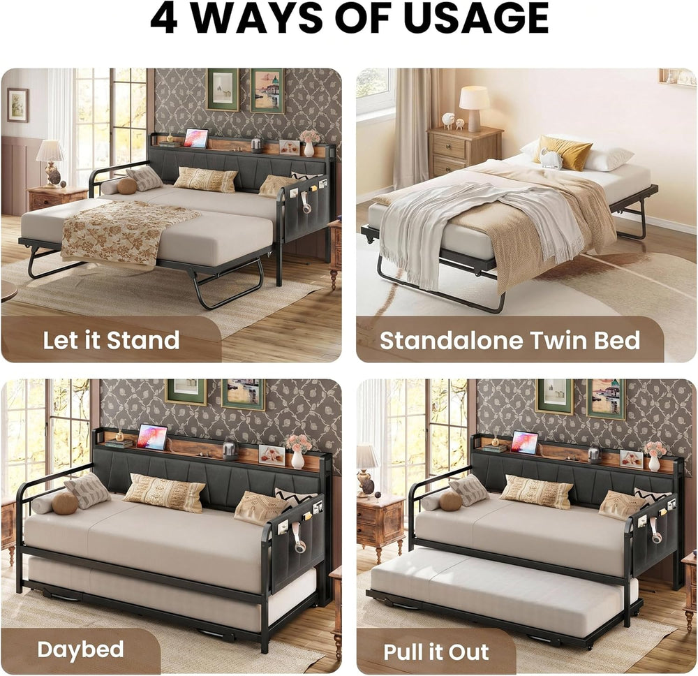 LIKIMIO Twin Daybed with Trundle, Twin Bed Frames, Grey/Brown