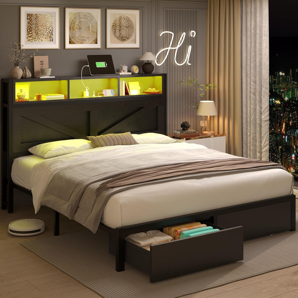 Farmhouse Full Bed Frame with Storage Bookcase Headboard & Drawers, Black
