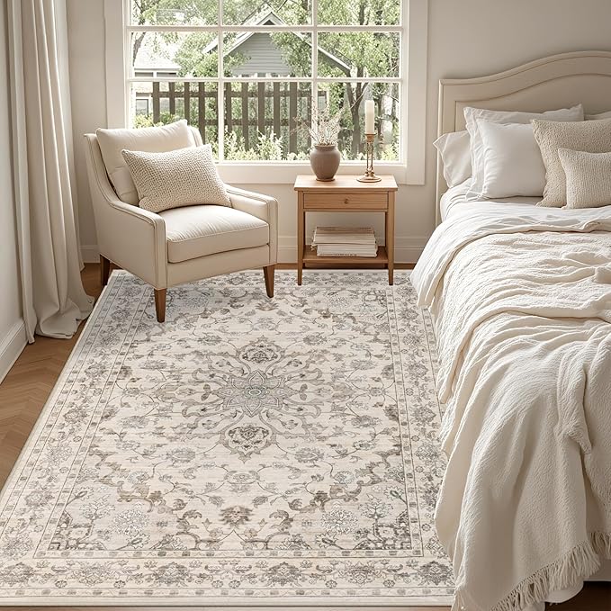 5x7 Area Rugs Living Room Rug: Washable Vintage Distressed Floral Rug No Slip - Image 4