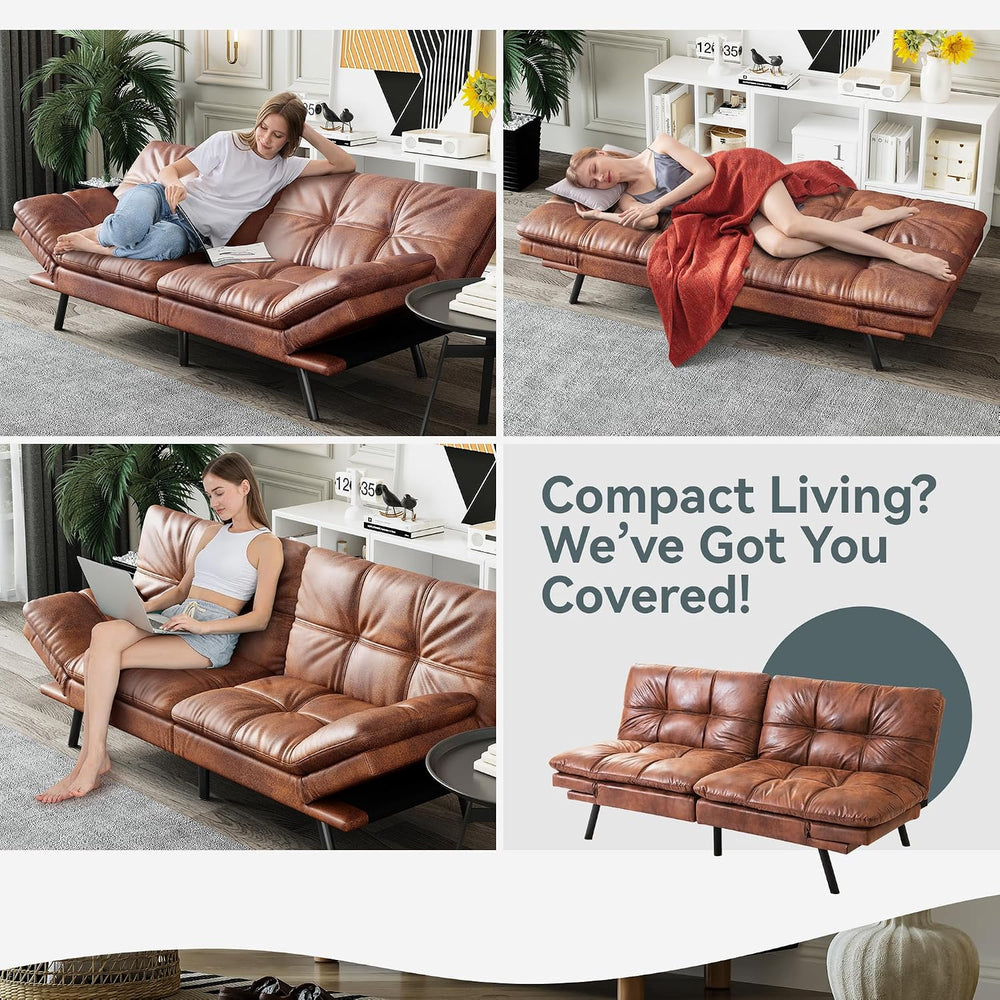 Futon Sofa Bed Convertible Couch, Brown Faux Leather Sofa Bed