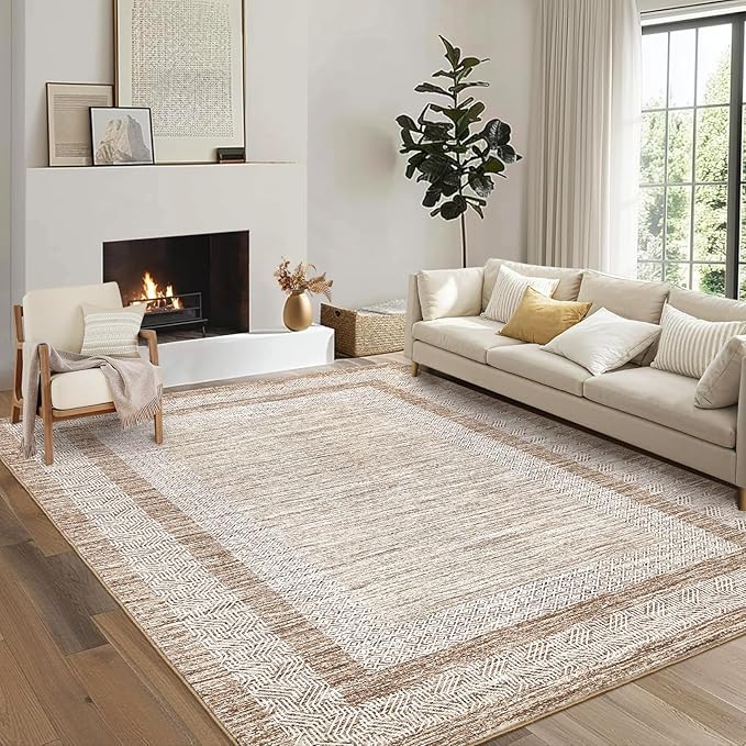 GarveeHome 9x12 Large Modern Brown Area Rug Distressed Bordered Rug Soft Non by GarveeHome