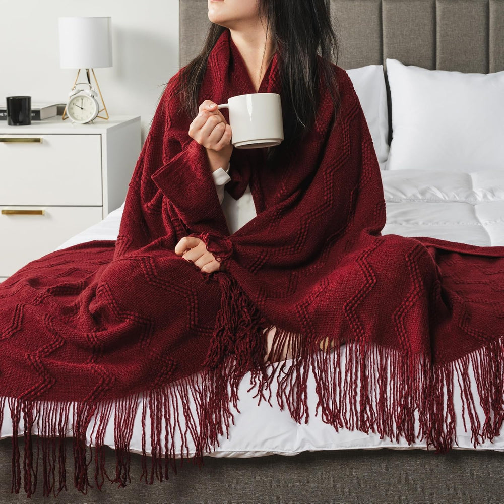 PAVILIA Maroon Red Knit Throw Blanket, Soft Knitted Farmhouse, 60x80