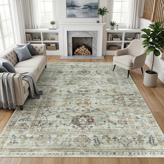 Washable Area Rug 8x10, Sage Green Gold Gray Vintage Rug for Living Room