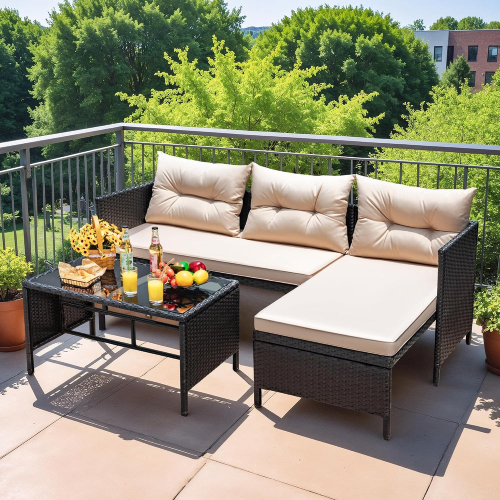 Devoko Outdoor Patio Furniture 3-Piece Rattan L Shaped Sectional Sofa Beige
