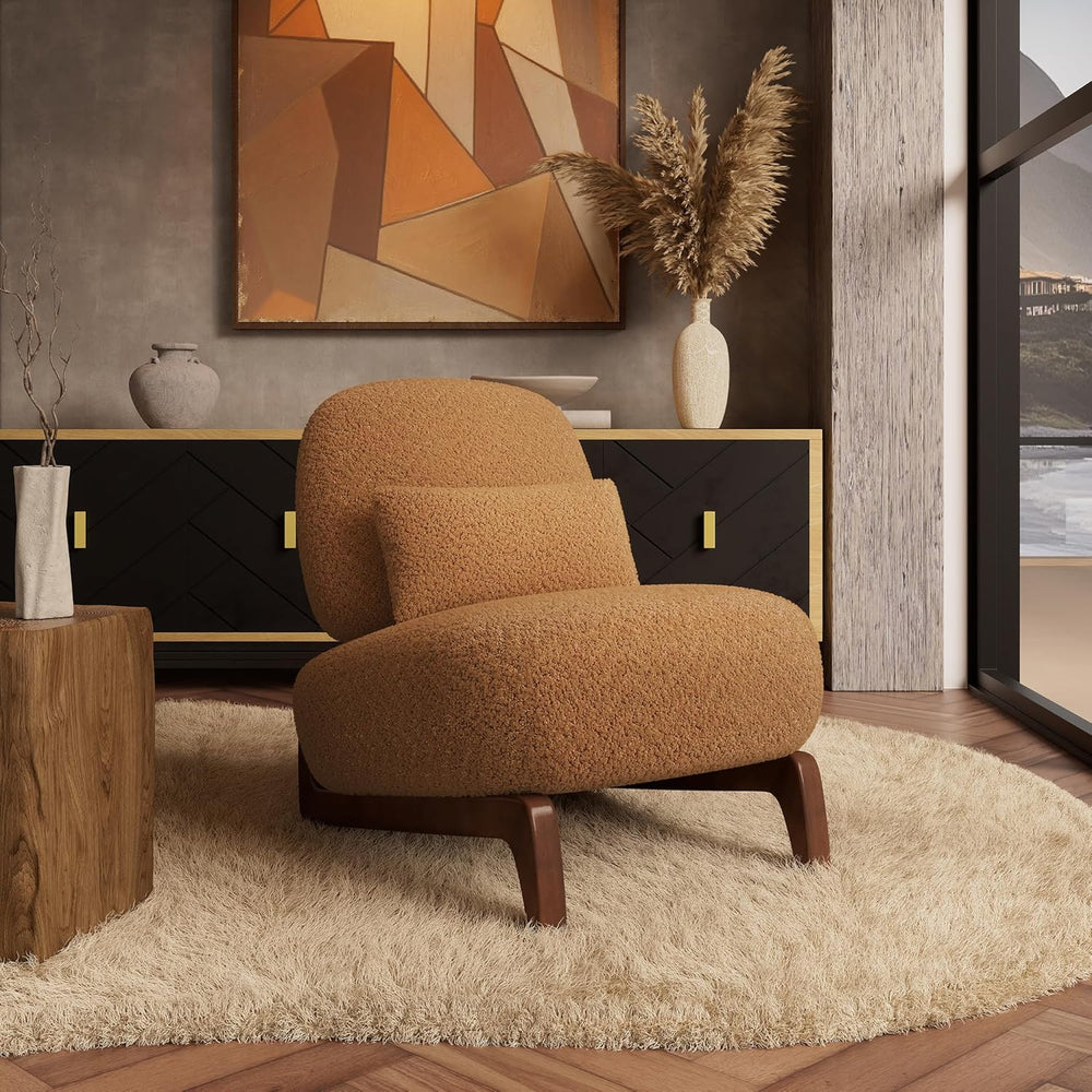 Morden Fort Boucle Chair,Upholstered Accent Chair&Wood Leg,Toffee Orange