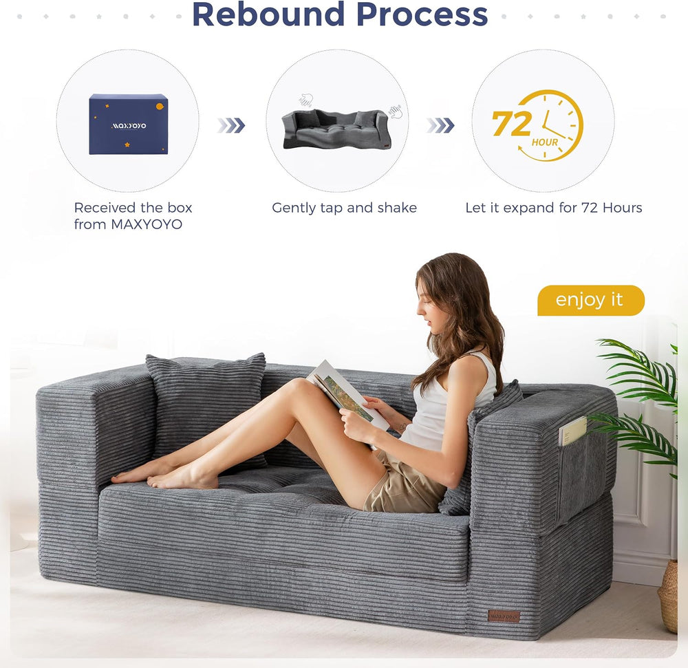MAXYOYO 63" Folding Sofa Bed, Convertible Boneless Couch with Pillow