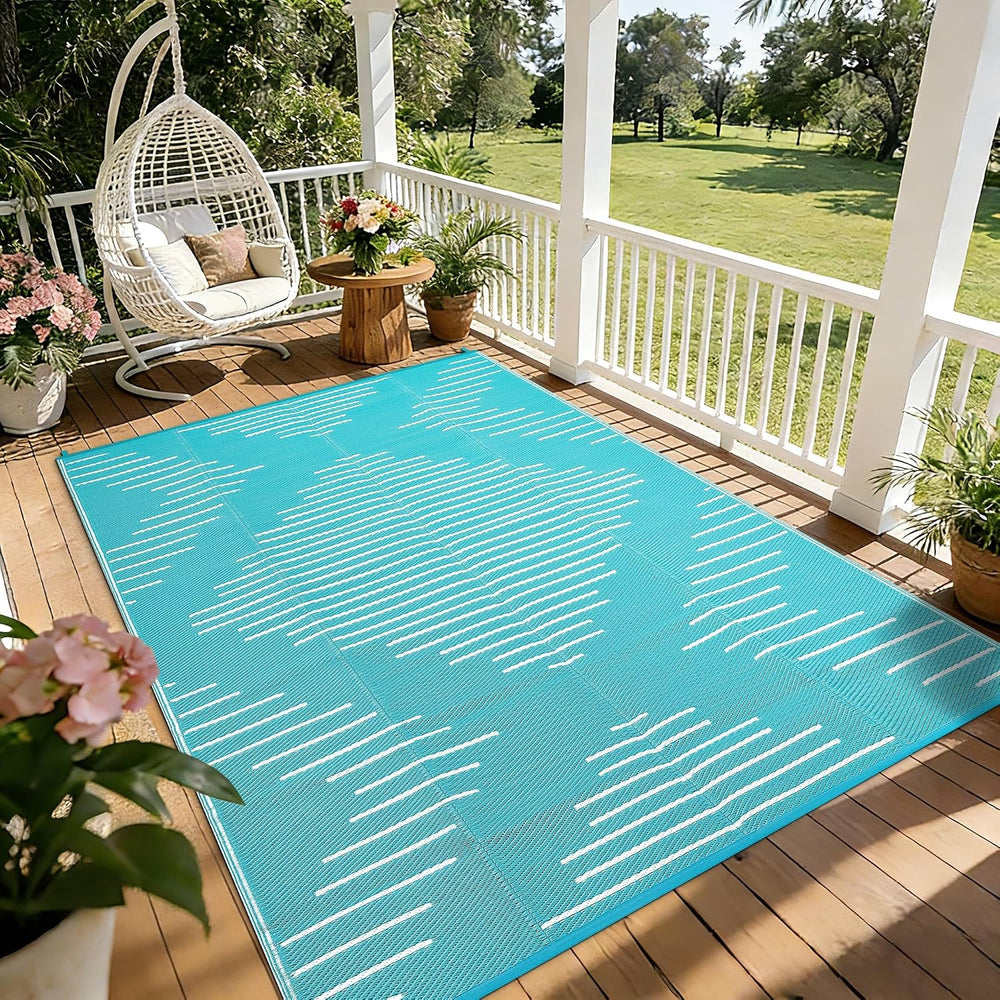 Garvee Waterproof Outdoor Rug 9x12 Plastic Reversible Rug Light Blue White