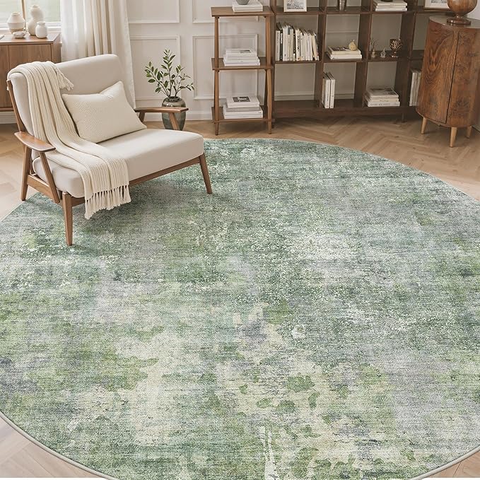 8x8 Green/Ivory Round Rug 8ft Living Room Circle Rug Vintage Round Area Rug Non - Image 4