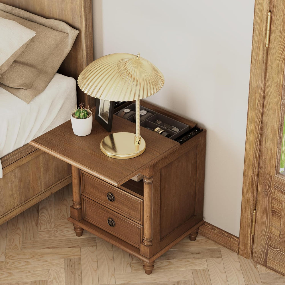 COZAYH Wood Nightstand with Sliding Top & Hidden Storage, 2 Drawer Bedsid...