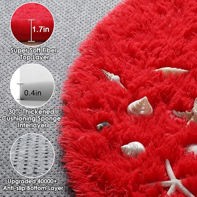 ONASAR Red Round Rugs 5ft for Bedroom Living Room, Fluffy Circle Area Rug for - Image 2