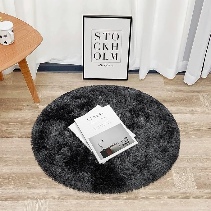 Tie Dye Black Round Rugs Small 3x3 ft Fluffy Circle Rug Furry Carpet Shaggy - Image 6
