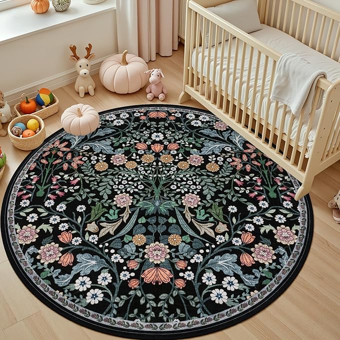 Round Area Rug for Living Room: 4 ft Floral Washable Circle Rug Soft Boho - Image 5