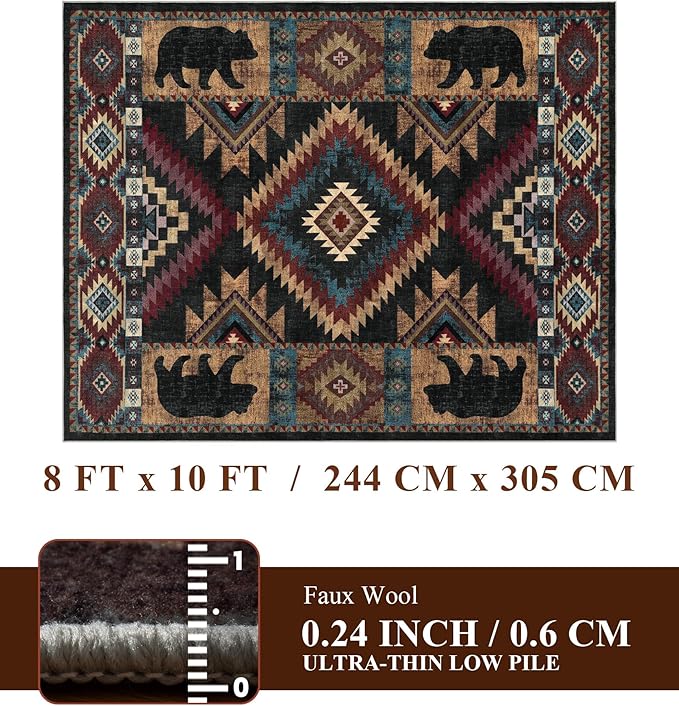 YIHOUSE Rustic Cabin Area Rug for Living Room 8x10, Machine Washable Lodge Bear - Image 2