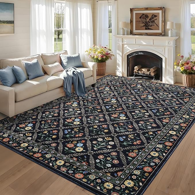 GarveeHome Grey Floral Rug 4x6 Rug Machine Washable Area Rug by GarveeHome